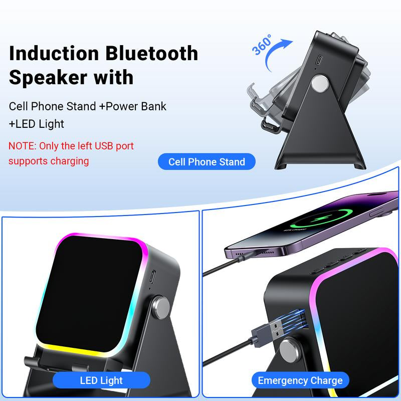 Wireless Induction Audio Speaker Stand, 5In1 Cellphone Holder, 3500Mah Rechargeable Emergency Power Bank,360° Adjustable Mobile Tablet Stand with Colorful Ambient Light Gifts for Men Women