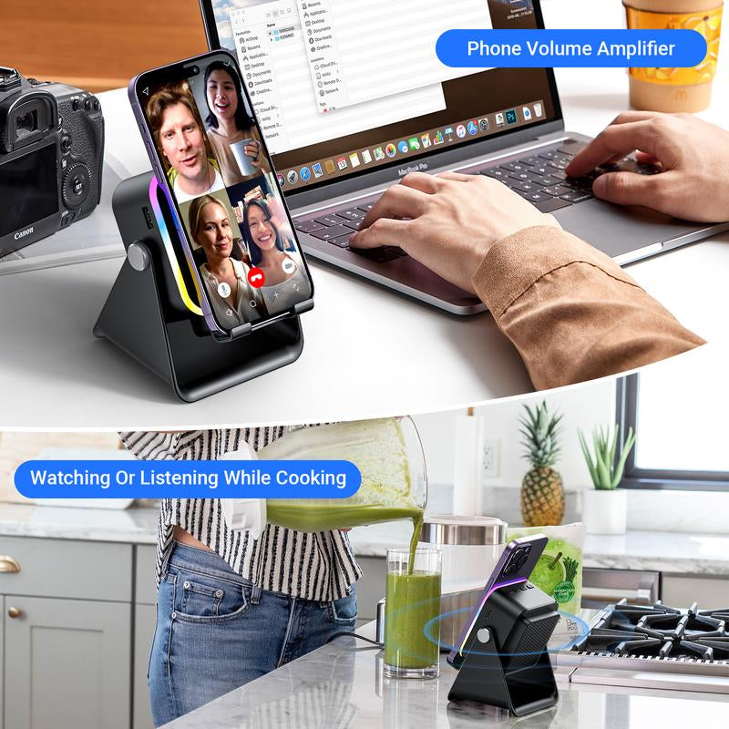 Wireless Induction Audio Speaker Stand, 5In1 Cellphone Holder, 3500Mah Rechargeable Emergency Power Bank,360° Adjustable Mobile Tablet Stand with Colorful Ambient Light Gifts for Men Women