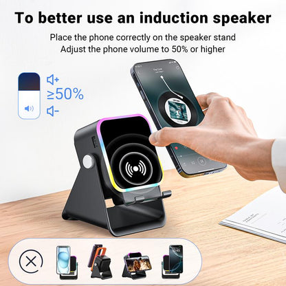 Wireless Induction Audio Speaker Stand, 5In1 Cellphone Holder, 3500Mah Rechargeable Emergency Power Bank,360° Adjustable Mobile Tablet Stand with Colorful Ambient Light Gifts for Men Women